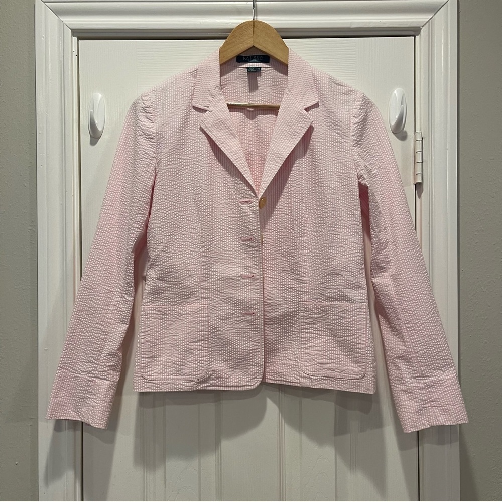 Vtg Lauren Ralph Lauren Blazer Women’s Small Petite Pink Seersucker Stretch